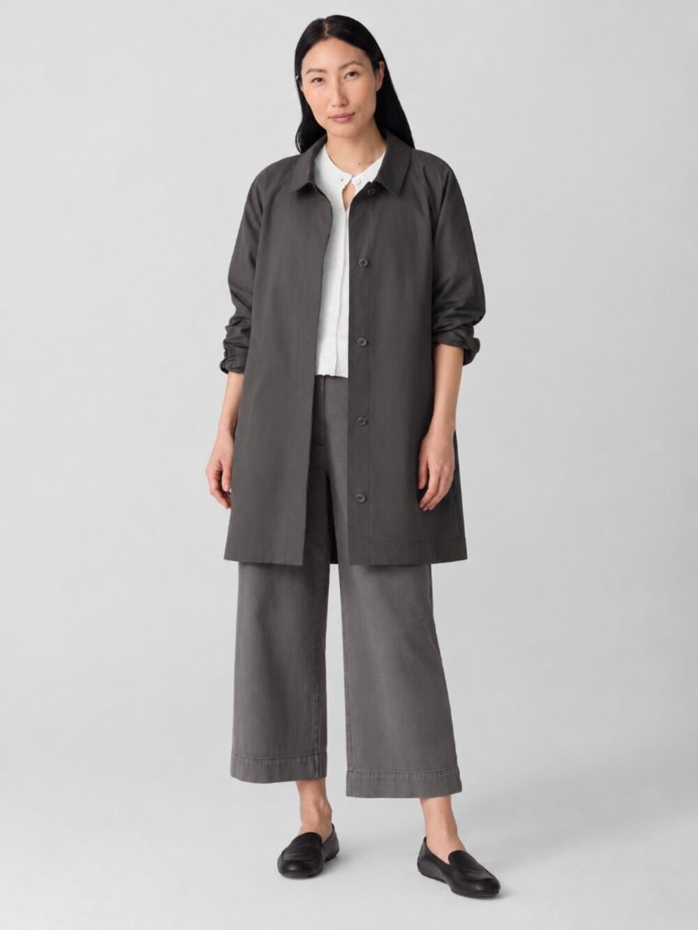 EILEEN FISHER Light Cotton Nylon Classic Collar Coat Charcoal Lagenlook Chic S